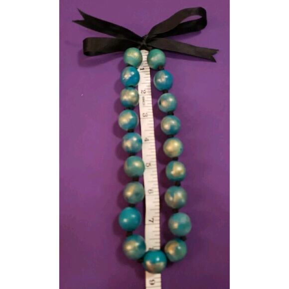 Teal & Gold Colored Large Wooden Beaded Necklace with Black Satin Ribbon - Picture 6 of 10